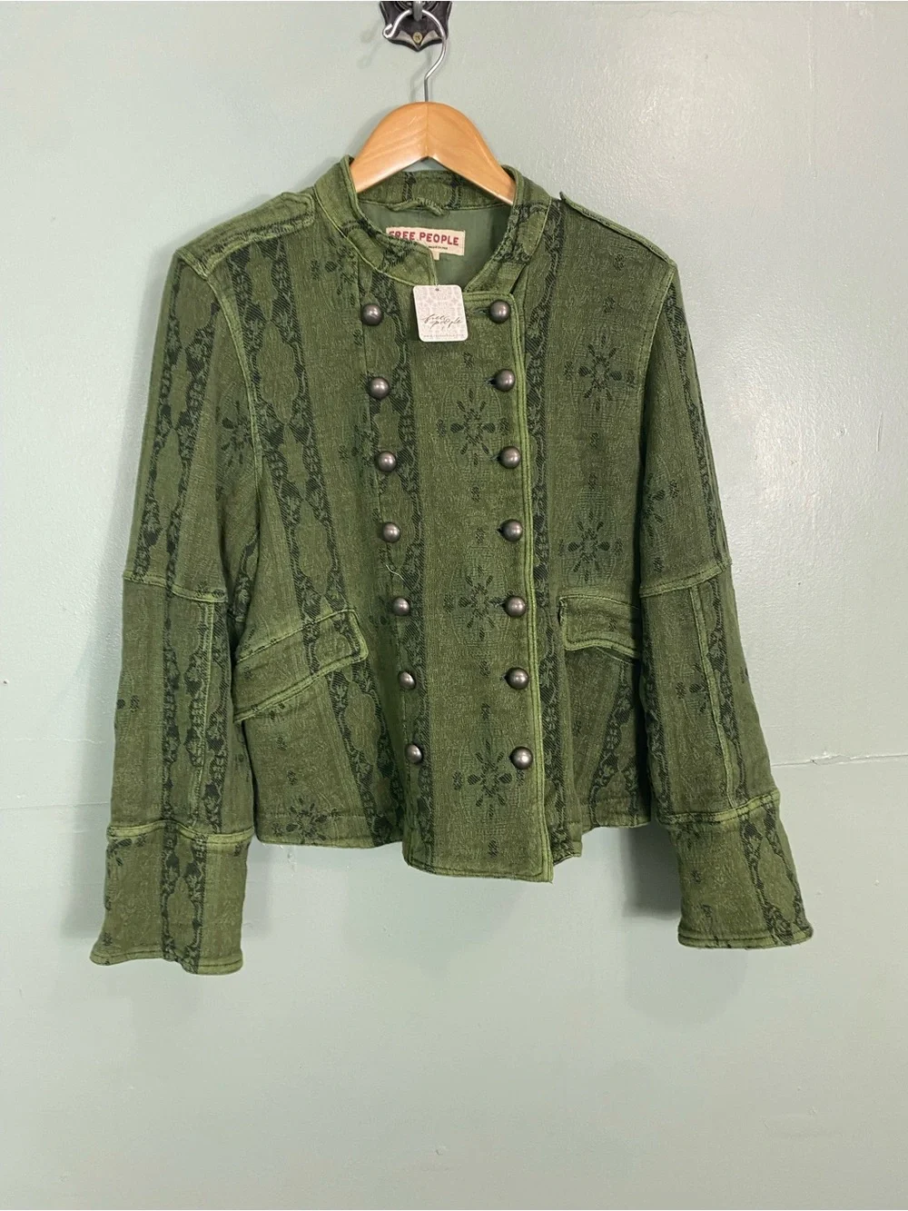 Free People Lotty Jacquard Jacket Green Military Tapestry Large - Picture 2 of 4